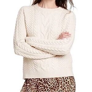 Nili Lotan - women’s cream cable knit fisherman crewneck sweater pullover top L